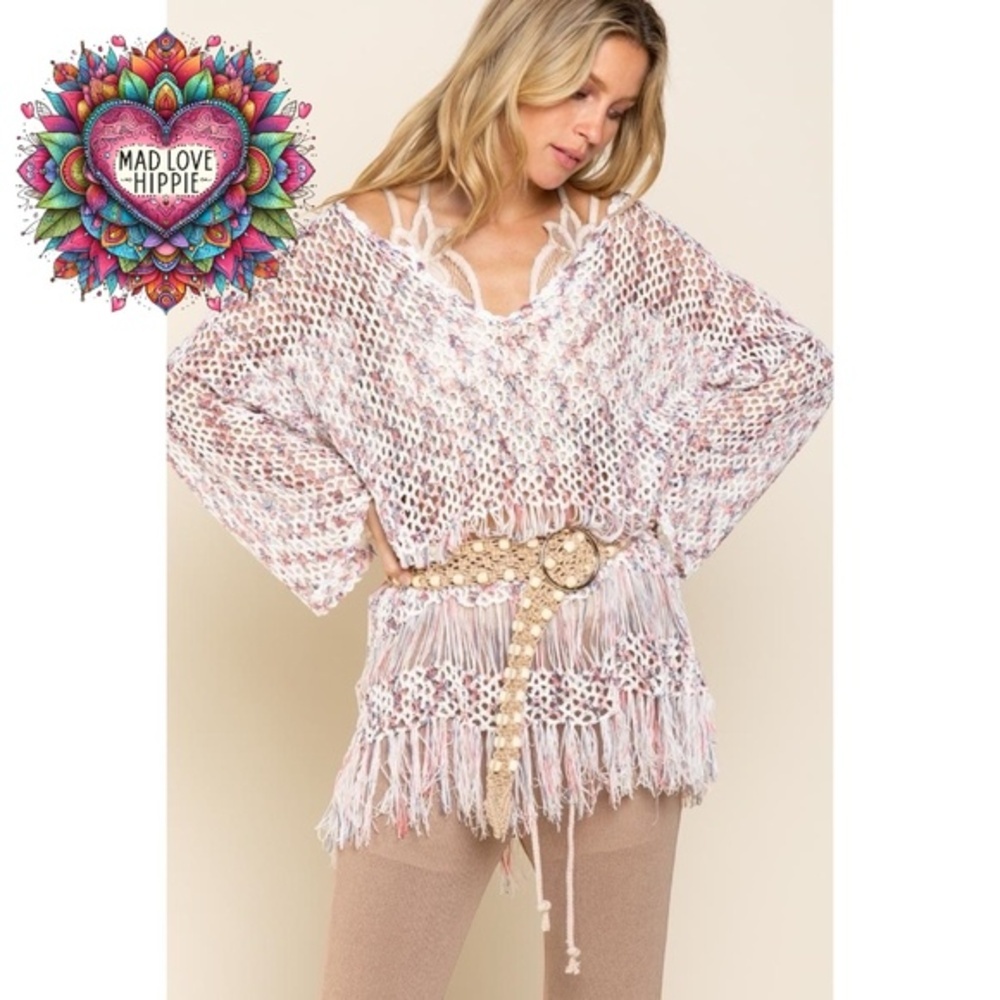 POL Open Knit Lightweight Tunic Sweater with Fringe - Picture 2 of 7